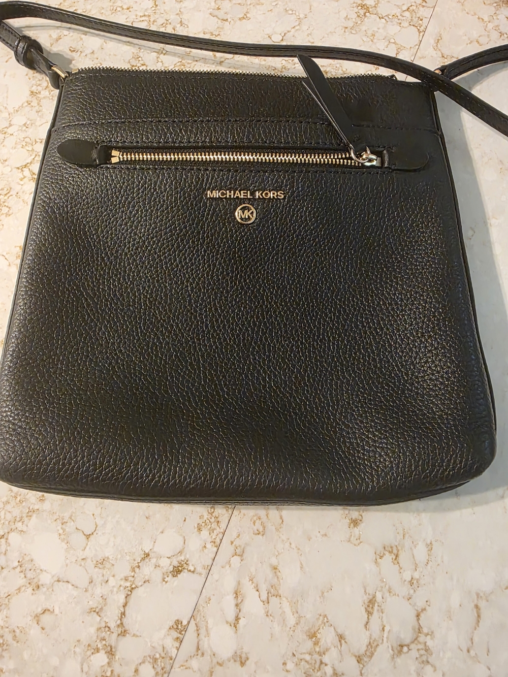 Michael Kors Black Pebbled Leather Messenger Crossbody with Gold Hardware